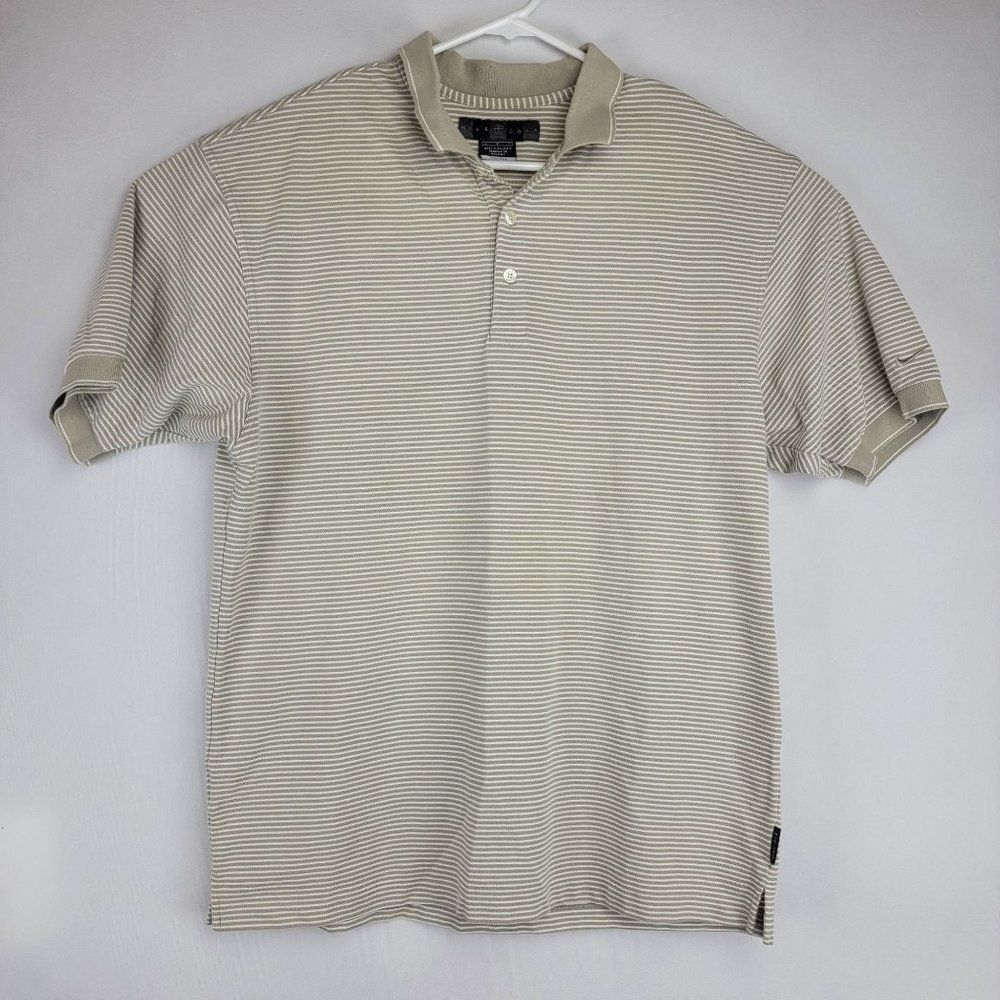 Nike Golf Mens Size Large Brown White Striped Dri-Fit Cotton Poly Polo